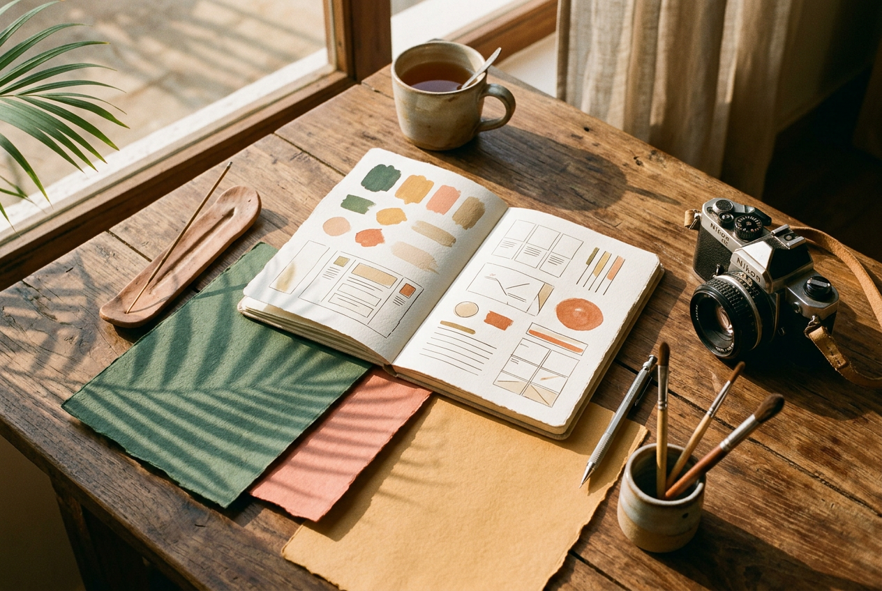 Creative studio desk with a notebook of visual concepts and color swatches